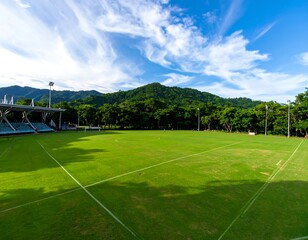 Wide shot of a green field with mountains and clouds