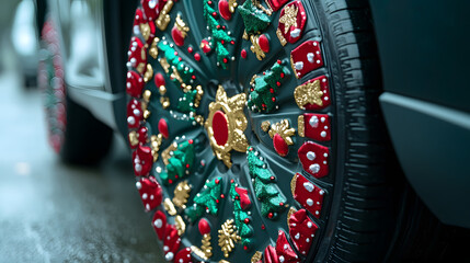 Close-up of a red vehicle's wheel with festive holiday-themed hubcap in snowy outdoor setting