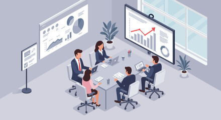 Business Team Meeting Around Conference Table with Charts.