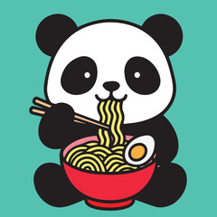 Funny panda eating noodles cheerfully, vector flat design style, colorful details, perfect for sticker creation, joyful artwork representing playful cartoon character.