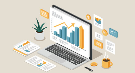 Isometric Laptop Displaying Financial Growth Charts and Data.