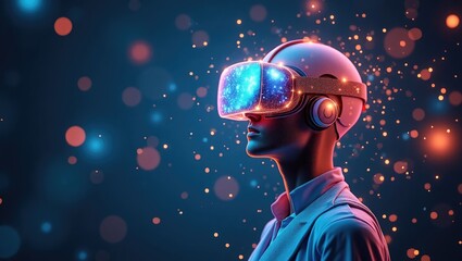 Person wearing virtual reality headset, side profile view.