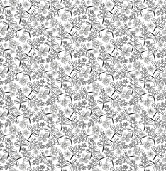 Vector seamless pattern of stylized leaves and flowers from black lines and small circles for printing on clothes, textiles, presentations, websites, postcards.