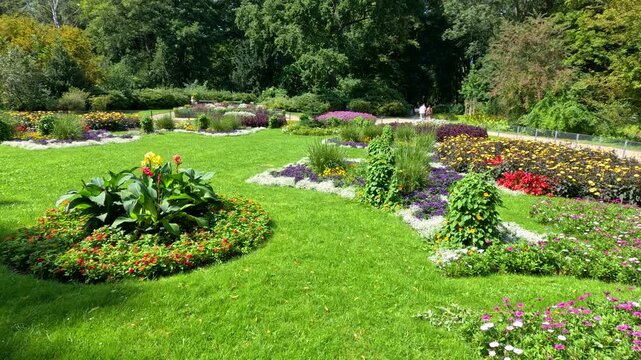 Slow Pan Across Colorful Urban Flower Park in Berlin