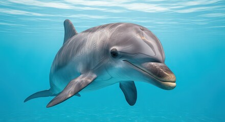 Naklejka premium A close up view of a dolphin swimming underwater in clear blue ocean water looking at the camera