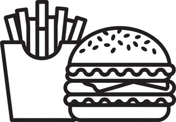Minimalist Burger and French Fries Vector – Retro Fast Food Line Drawing for Menu or Coloring Page, burger and fries