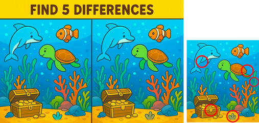 Underwater Ocean Find the Differences Puzzle Game with Dolphin Turtle and Fish for Kids