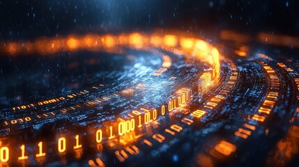 Abstract Digital Data Stream: Glowing Binary Code Circling in a Futuristic Cyberspace