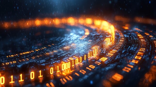 Abstract Digital Data Stream: Glowing Binary Code Circling in a Futuristic Cyberspace - Powered by Adobe