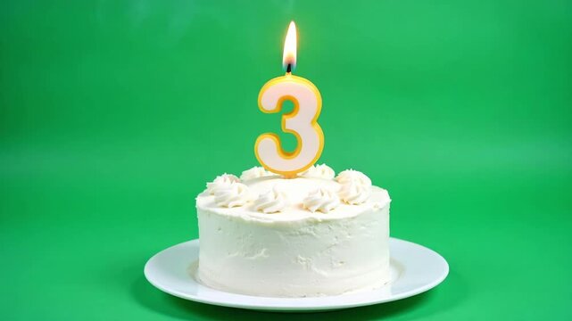 Festive birthday cake with a glowing number three candle, perfect for celebrating a child's special third birthday milestone with joy and excitement.