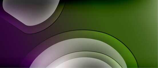 Abstract layers, green, purple hues blend. Smooth curves create depth, modern design. Minimalist aesthetic, soft gradients present.