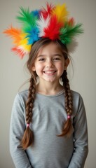 Joyful girl wearing a colorful feather headdress