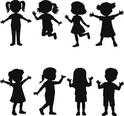 Silhouettes of children in various poses, jumping, walking, playful gestures, diverse hairstyles, energetic movement, childhood fun, black figures