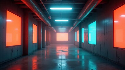 Fototapeta premium Neon-lit corridor with tinted windows.
