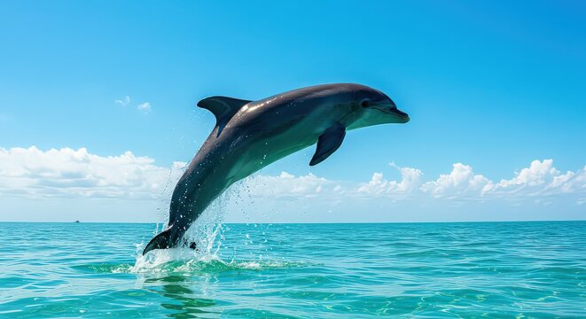 A dolphin jumps out of the turquoise ocean water against a bright blue sky with scattered clouds