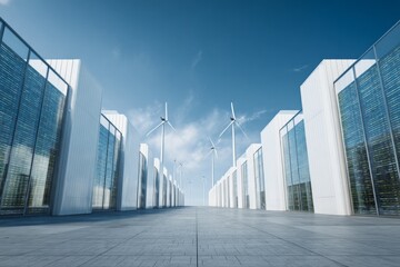 Fototapeta premium Wide-angle view of a modern high-tech server farm with wind turbine, representing large-scale digital infrastructure and sustainability.
