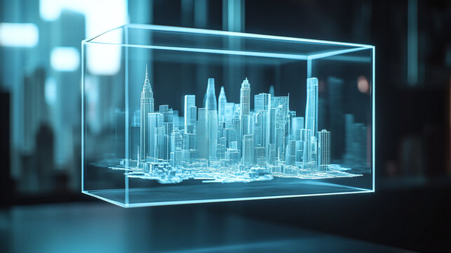 Transparent Glass Frame Floating in Mid-Air Holding 3D Holographic Image of Futuristic Cityscape Blending Digital and Physical