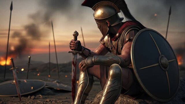 Warrior Resting with Bloody Sword After Battle at Sunset