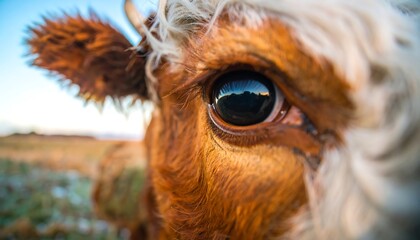 Close-up of a brown and white Highland cow's eye, capturing the reflection of the surrounding landscape.