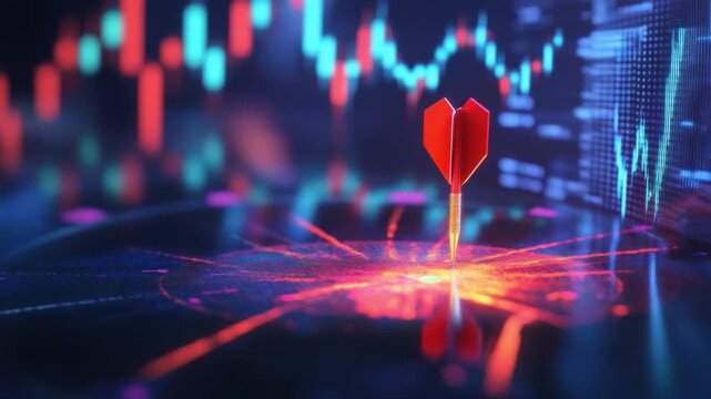 Red Arrow Hitting Target at Center of Digital Market Data Visualization Representing Focus and Precision in Analytics 4k video footage