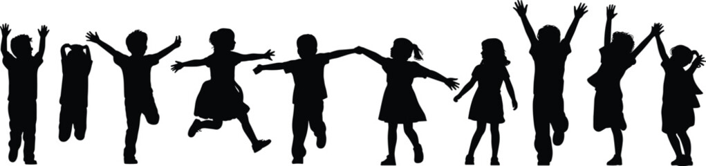 Silhouettes of eleven children in playful poses, jumping, running, arms raised, joyful activity, black figures, white background, childhood fun, illustration
