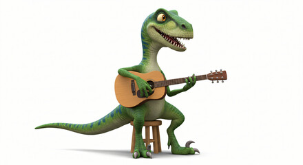 Fototapeta premium A Playful Dinosaur Playing a Guitar: A 3D render of a friendly, animated velociraptor character sitting on a stool and strumming an acoustic guitar with a big smile