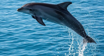 Fototapeta premium A dolphin leaps from the blue ocean water with splashes of water surrounding its body in the air