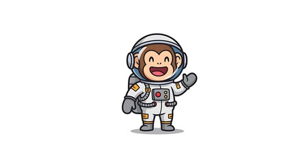 Cute cartoon monkey astronaut character waving hello, wearing a space suit and helmet, on a white background, ready for space exploration.