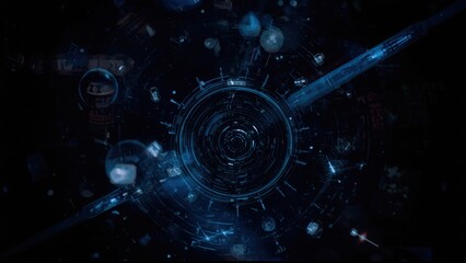 Abstract digital design with concentric circles and glowing elements.