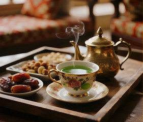Fototapeta premium Traditional Arabic Qahwa coffee with dates and nuts served in an elegant setting