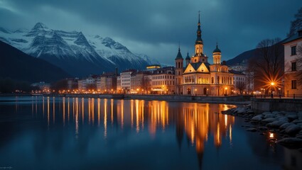 Illuminated city reflected in a tranquil lake at dusk.