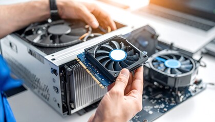 Technician replacing a computer graphic card cooler