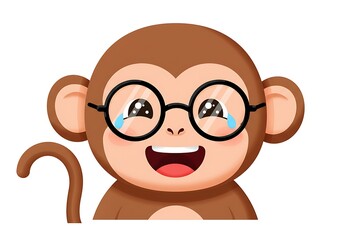 Cute cartoon monkey wearing glasses with a joyful expression, laughing with tears of happiness, isolated on white background.