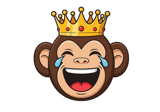 A cartoon illustration of a laughing monkey king wearing a golden crown with tears of joy.