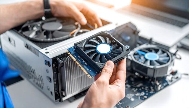 Technician replacing a computer graphic card cooler