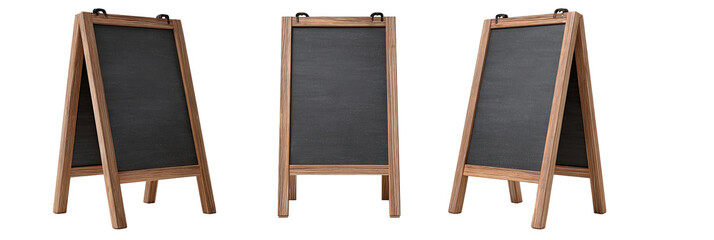 Three wooden A-frame chalkboard displays