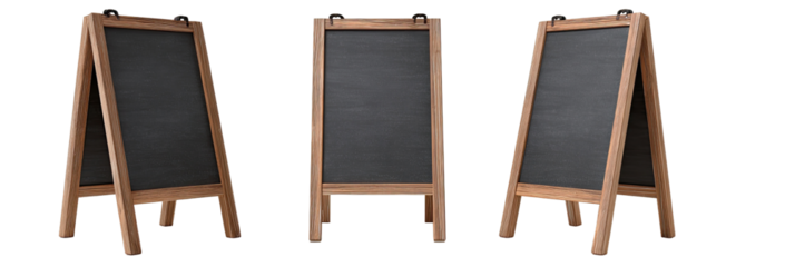 Three wooden A-frame chalkboard displays