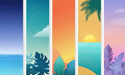 Five vertical panels depict different times of day at a tropical beach.  Soft color palettes transition from night to sunrise, noon, sunset, and twilight.  Tropical foliage and water features in each