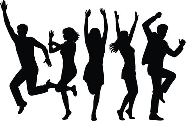 Silhouettes of five people in dynamic poses, dancing or moving, energetic expression, human motion, black figures, white background, activity illustration, posture