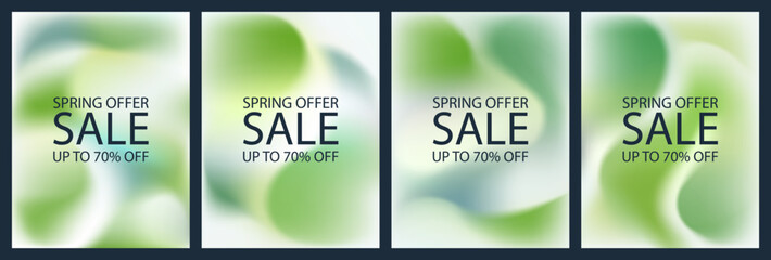 Gradient light background set. Square poster, organic green pattern design. Soft sunny garden spring summer presentation template. Fluid liquid graphic 3d design, pastel noise mesh eco social banner.