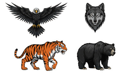 Obraz premium Illustration of an eagle tiger wolf and bear on a black background in a cartoon style