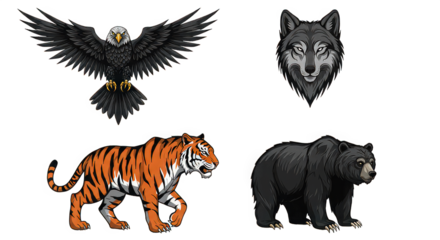 Illustration of an eagle tiger wolf and bear on a black background in a cartoon style