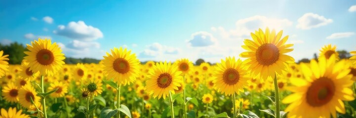 Fototapeta premium Golden Sunlight Bathes Vibrant Sunflowers in a Summer Field, Evoking Warmth, Joy, and the Beauty of Nature. Perfect for Summer Campaigns.