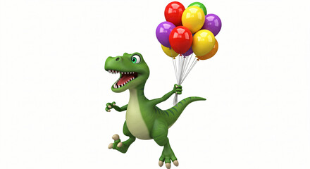 Fototapeta premium Happy Dinosaur Running with Balloons: A playful 3D render of a green T-Rex character excitedly running while holding a large bunch of colorful balloons.