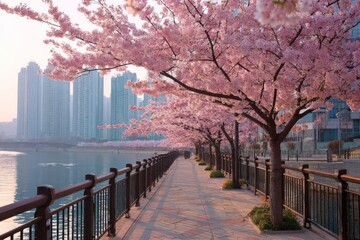 Scenic walkway lined with blooming cherry blossoms beside modern buildings, symbolizing harmony between nature and urban life.