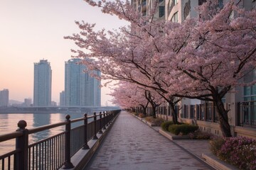 Obraz premium Scenic walkway lined with blooming cherry blossoms beside modern buildings, symbolizing harmony between nature and urban life.