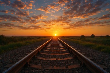 A railway stretches into a vibrant sunset, its metallic rails reflecting the warm, golden light.