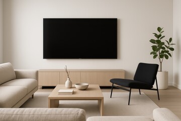 Modern living room with wall-mounted TV and minimalist decor showcasing contemporary home entertainment setup