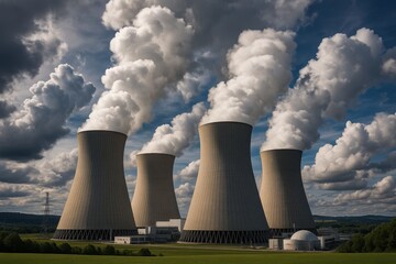 Modern nuclear power plant cooling towers with steam rising against dramatic sky showcasing clean energy infrastructure