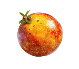 A detailed, vibrant, round fruit, likely a type of tomato or similar, with a mottled, orange-red skin and small speckles. A small green stem is visible